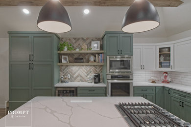 Large minimalist u-shaped vinyl floor, brown floor and exposed beam enclosed kitchen photo in Austin with an undermount sink, shaker cabinets, green cabinets, quartz countertops, red backsplash, brick backsplash, stainless steel appliances, an island and white countertops