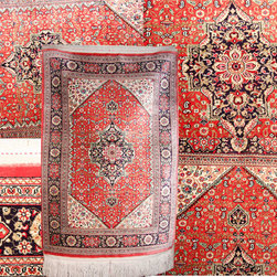 Silk Persian Qom rug in red field - Floor Rugs
