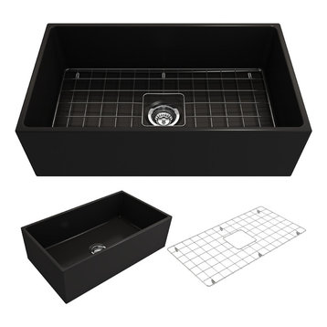 Contempo Farmhouse Kitchen Sink With Grid and Strainer, 33", Matte Black
