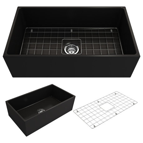 Contempo Farmhouse Kitchen Sink With Grid and Strainer, 33", Matte Black