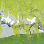 Mural Sources - Modern Wallpaper Mural Herons and Willows, Full Size - Modern Wallpaper Mural Herons & Willows is a unique modern mural, inspired by traditional Chinoiserie and Japanese Wallpapers. Willow branches blow on a gentle breeze, while bright white herons offer stark contrast for a modern look. Mural has 4 panels. Use as a mural to cover 12 feet, or frame panels individually on an accent wall. Each panel is 36" wide by 102" tall. Design height: 102". Printed on MuralPro wallpaper.