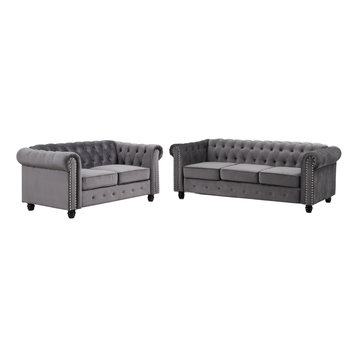 Venice Upholstered Living Room Sofa and Loveseat, 2-Piece Set, Velvet Gray
