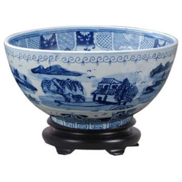 Chinese Blue and White Blue Willow Porcelain Bowl With Base 12"