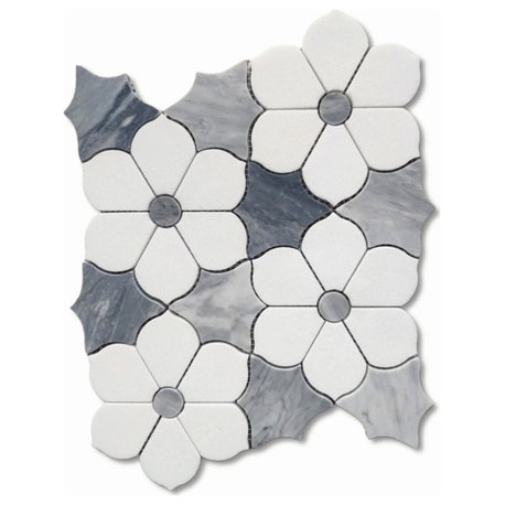 Thassos & Gray Marble Waterjet Magnolia Flower Accent Tile Honed, 1 sheet
