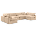 Meridian Furniture - Comfy Upholstered U-Shaped Modular Sectional, Beige, 6-Piece: 4 Armless Chair, 2 Corner Chair, Velvet - Give your space a whole new look with this beige Comfy velvet sectional. This handsome sectional fits nicely with other items in the Comfy collection and is a versatile seating option designed for adaptability, comfort and style. Wrapped in rich beige durable velvet upholstery, this sectional offers a plush embrace of overstuffed down feather cushions, carefully crafted to deliver the highest level of comfort. The perfect seat for creating an oasis for relaxation, this sectional has thick foam surrounding its frame for added support and coziness.