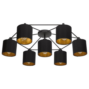 7 Lights Celing Light With Black Finish & Black Exterior & Gold Interior Shades