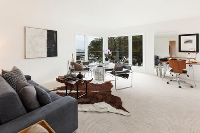 Inspiration for a mid-sized contemporary open concept living room in San Francisco with white walls, carpet, no fireplace, no tv and beige floor.