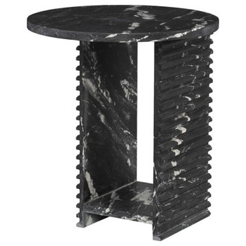 Nuevo Mya Geometric Contemporary Marble Stone Side Table in Honed Nero Black