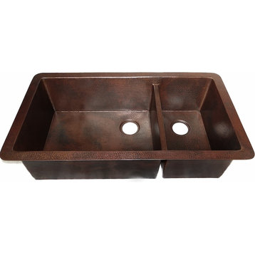 Large Undemount Kitchen Copper Sink Double Basin, 2 Matching Solid Copper Drains