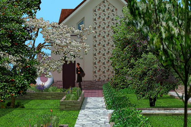 Пример оригинального дизайна: летний регулярный сад среднего размера на внутреннем дворе в современном стиле с полуденной тенью и покрытием из каменной брусчатки