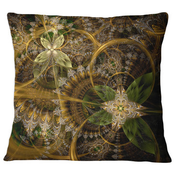 Green Gold Digital Art Fractal Flower Floral Throw Pillow, 16"x16"
