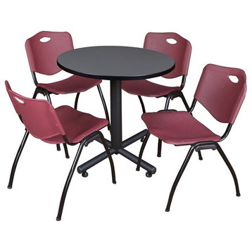 Kobe 30" Round Breakroom Table, Gray and 4 'M' Stack Chairs, Burgundy