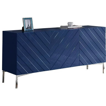 Contemporary Sideboard, Chevron Accent Doors & Stainless Steel Base, Navy/Chrome