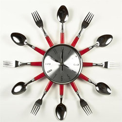Red Utensil Flat Kitchen Wall Clock - Wall Clocks