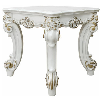 Unique End Table, Scrolled Legs With Golden Carved Details, Antique Pearl Finish