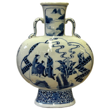 Chinese Blue White Porcelain Oval Flat Body People Theme Vase Hws2991