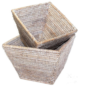 White Wash Rattan Square Flower Baskets, Set of 2
