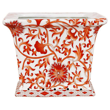 Set of 2 Orange and White Twisted Lotus Square Porcelain Flower Pots 6"