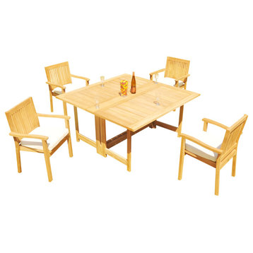 5-Piece Outdoor Teak Set: 60" Square Butterfly Table, 4 Leveb Stacking Arm Chair