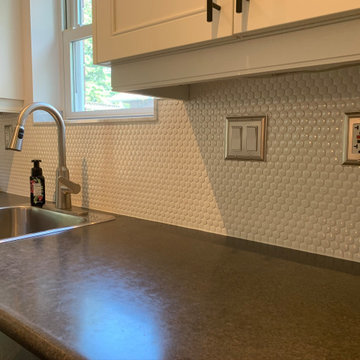Plank tile Flooring and Penny tile Backsplash