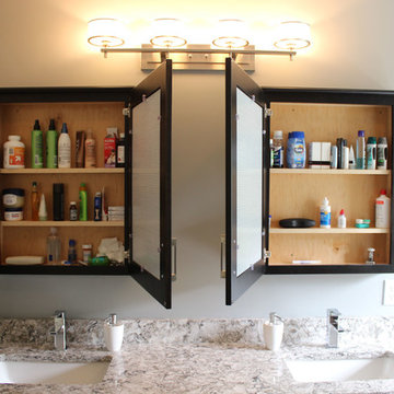 Cherry Onyx Vanity with Cambria Bellingham Countertops and Gray Tiled Shower