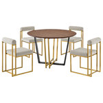 Armen Living - Joana Anastasia Brushed Steel and Taupe Fabric Glass Dining Table 5-Piece Set - Make a modern and sophisticated statement with our Joana Anastasia 5 Piece Dining Set by Armen Living. This set includes 1 Joana Round Walnut Dining Table with a mixed metal base and 4 Anastasia Dining Chairs in Fabric and Metal. The crisp lines and a compelling blend of materials and finishes bring eye-catching charm and elegance to this dining set. The round tabletop features a classic walnut veneer to showcase the rich finish and natural textures of the wood. The 48" round tabletop rests upon a clean-line, geometric base to offer a sleek and modern design. Our dining table can serve as a stunning companion to the striking and stylish Anastasia dining chairs. A cylindrical cushion is beautifully balanced upon its airy frame to offer comfortable back support. Its cushioned backrest and padded seat showcase a neat channeling detail that provides texture for a chic and inviting look. The Anastasia chair is upholstered in performance fabric to offer easy care and maintenance. Altogether this dining set serves as a fashionable and versatile fit to your kitchen, dining, or living space. This dining set features high-quality materials and craftsmanship to create a sturdy foundation for dinners, conversations, and activities. The Joana Anastasia 5 Piece Round Walnut Dining Table Set is available in matching finishes and a variety of colors, or sold separately to achieve any look you desire.