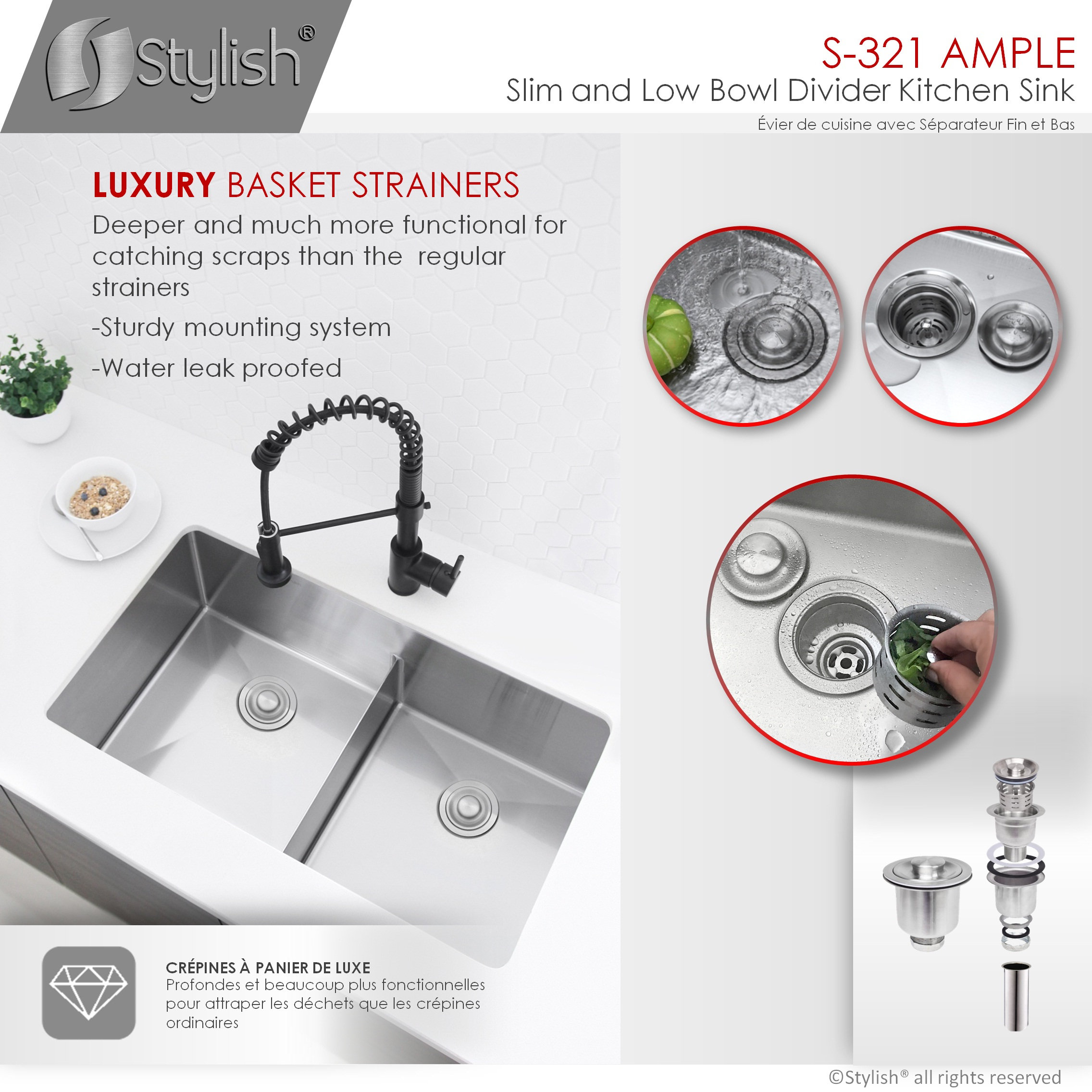 STYLISH 32"L x 18"W Stainless Steel Low Divider Undermount Kitchen Sink