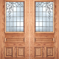 Grid Design Decorative Glass, 3-Panel 1/2 Lite Front Double Door - Front Doors