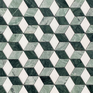 Thassos White Marble 3D Cube Rhombus Hexagon Mosaic Tile Green Honed, 1 sheet