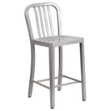 24" Tall Silver Steel Indoor/Outdoor Counter Bar Stool With Slatted Back