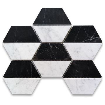 Carrara White Marble Trapezoid Split Hexagon Mosaic Tile Black, 1 Sheet