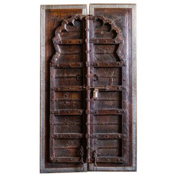 Consigned 19c Antique Indian Door, Rustic Teak Architectural Medieval Doors
