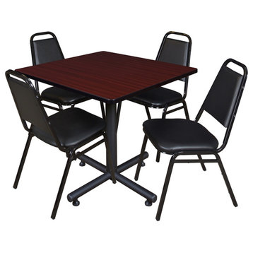 Kobe 36" Square Breakroom Table- Mahogany & 4 Restaurant Stack Chairs- Black