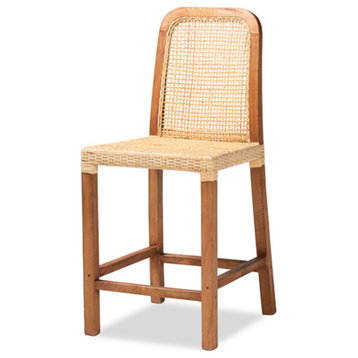 Modern Walnut Brown Finished Wood and Natural Rattan Counter Stool