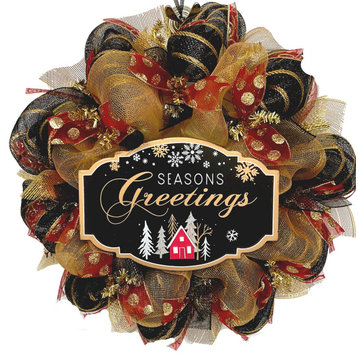 Seasons Greetings Black and Gold Handmade Deco Mesh Wreath