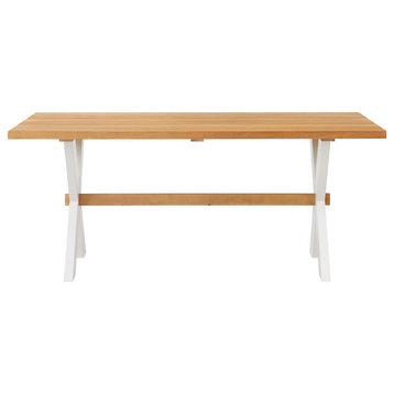 Farmhouse Dining Table, Trestle Base With X-Legs & Rectangle Top, White/Natural