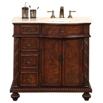 36 Inch Single Sink Bathroom Vanity, Traditional, Sink on Right, Brown Burl