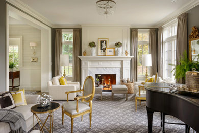 Example of a classic enclosed living room design in Seattle with a music area, gray walls, a standard fireplace, a stone fireplace and no tv