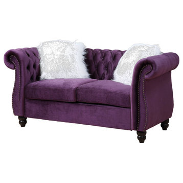ACME Thotton Loveseat With 2 Pillows, Purple Velvet