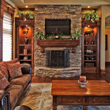 stone fireplace and beams
