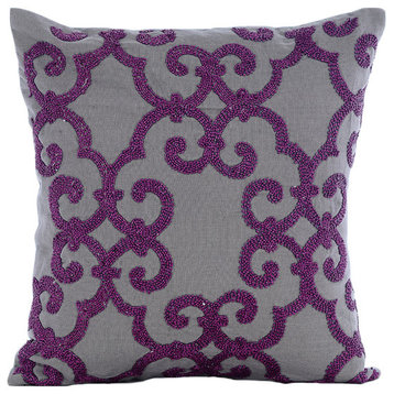 Gray Cotton Linen 18"x18" Beaded Purple Damask Pillows Cover, Orchid Moment