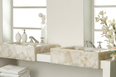 Inspiration for a large contemporary master bathroom in Toronto with white tile and white walls.