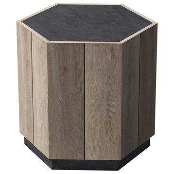Farmhouse End Table, Hexagonal Design With 2 Hidden Storage Drawers, Light Oak