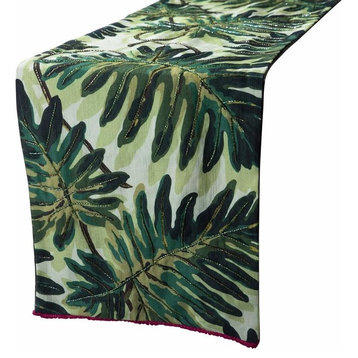 Tropical Print Cotton Table Runner with Bead & Lace 16" x 120"-Tropically