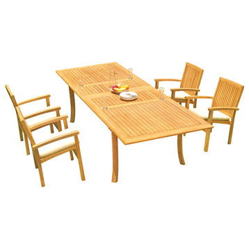 5-Piece Outdoor Teak Dining Set: 117" Rectangle Table,4 Wave Stacking Arm Chairs