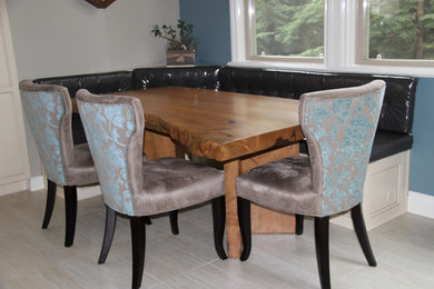 Mid-sized trendy porcelain tile kitchen/dining room combo photo in Vancouver with blue walls and no fireplace