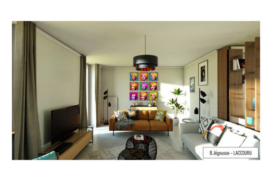 Idées déco pour un salon contemporain de taille moyenne avec un mur beige, une cheminée standard, un manteau de cheminée en pierre et un sol gris.