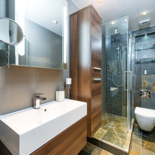 Idee per una piccola stanza da bagno moderna con doccia a filo pavimento, WC sospeso, piastrelle grigie, piastrelle in pietra, pareti grigie, pavimento in terracotta e lavabo sospeso