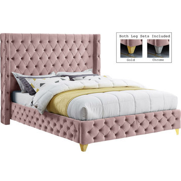 Savan Velvet Upholstered Bed, Pink, Queen