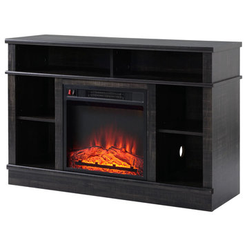 Rustic TV Stand, Fireplace With LED Flame Effect & 6 Open Compartments, Espresso